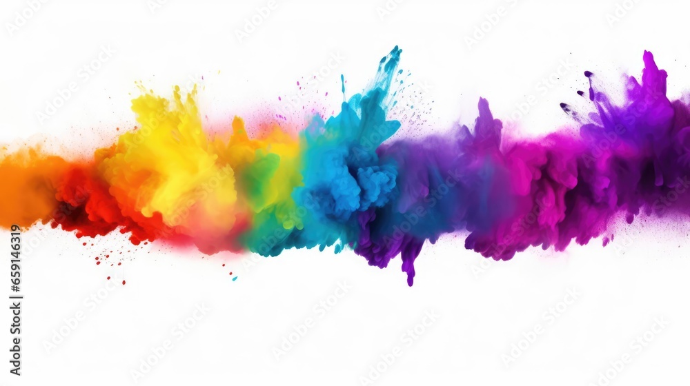 colorful rainbow paint color powder explosion isolated white wide panorama background  - obrazy, fototapety, plakaty 