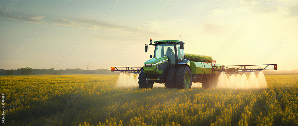 Tractor Spraying Pesticides on the farm at sunrise - obrazy, fototapety, plakaty 