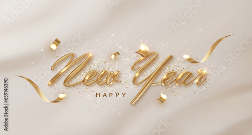 Happy new year golden inscription with ribbons and confetti on a white background. Banner for Christmas holiday.