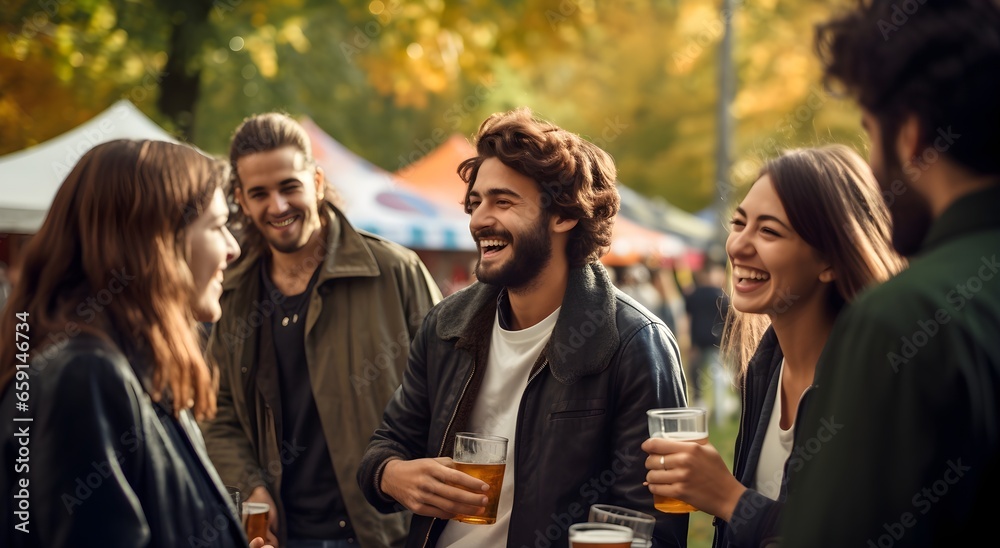 Obraz premium a group of friends enjoying their beer during a festival