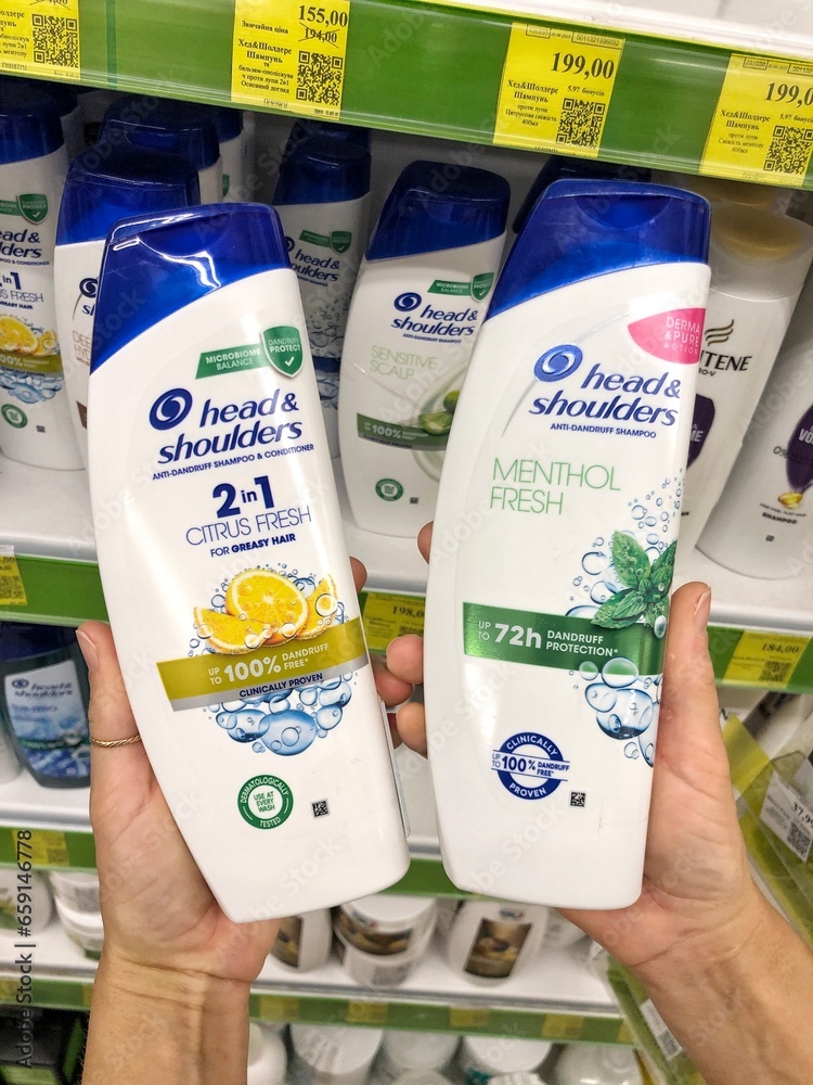 01.10..2023 Ukraine, Kharkov shelf with shampoos in a cosmetics store