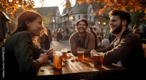 a group of friends enjoying their beer during a festival