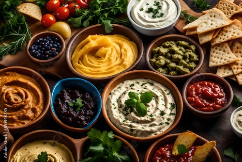 A platter of assorted Mediterranean dips such as hummus, baba ganoush, and tzatziki - AI Generative