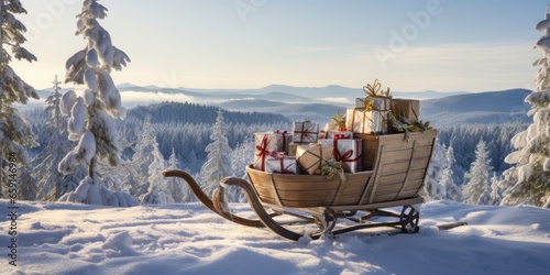 A Festive Christmas Sleigh on a Snowy Hill, Laden with Presents, Beneath a Snow-Adorned Pine Tree, Capturing the Magic of the Holiday Season