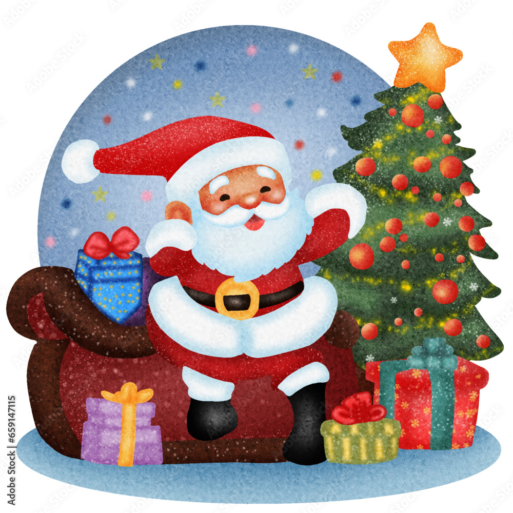 A cute Santa Claus character with many present box. Christmas, winter, holiday design elements.Vector illustration drawing.