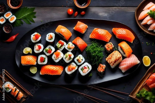 A platter of assorted sushi sashimi with a variety of fresh fish and delicate garnishes - AI Generative