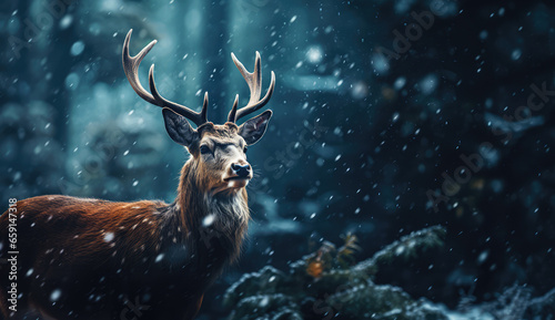 Deer, pompous powerful animal with horns in the forest on snow during winter snowy days. © Ljuba3dArt