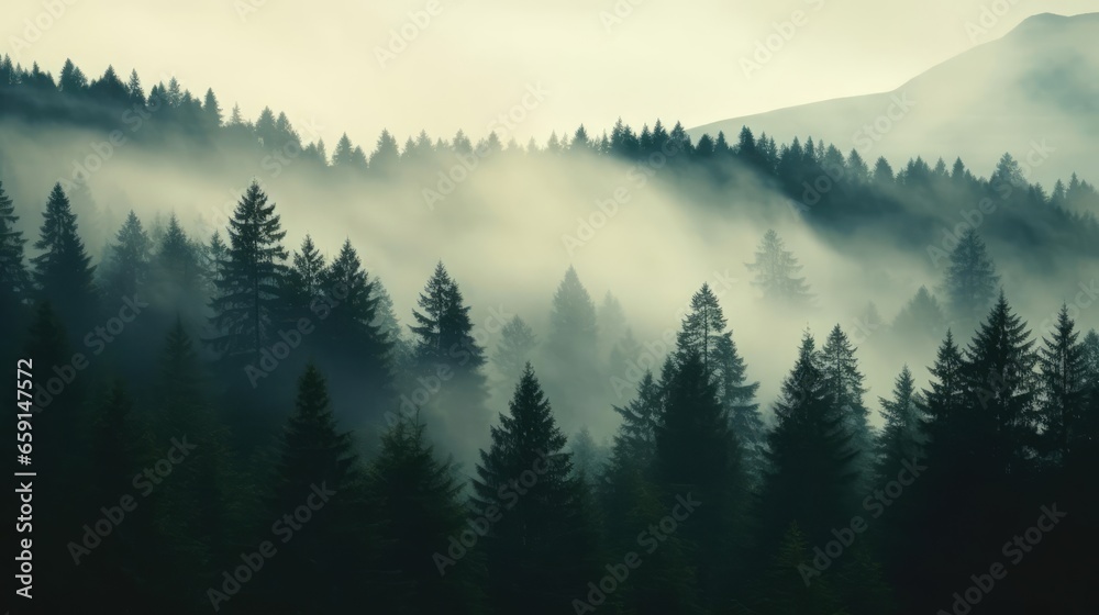 Misty landscape with fir forest in hipster vintage retro style 