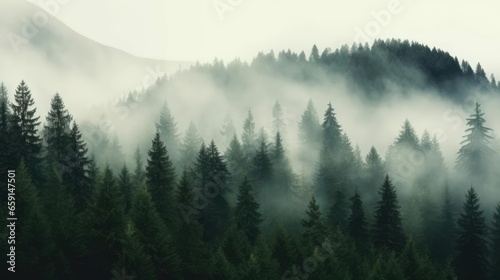 Misty landscape with fir forest in hipster vintage retro style © Fred