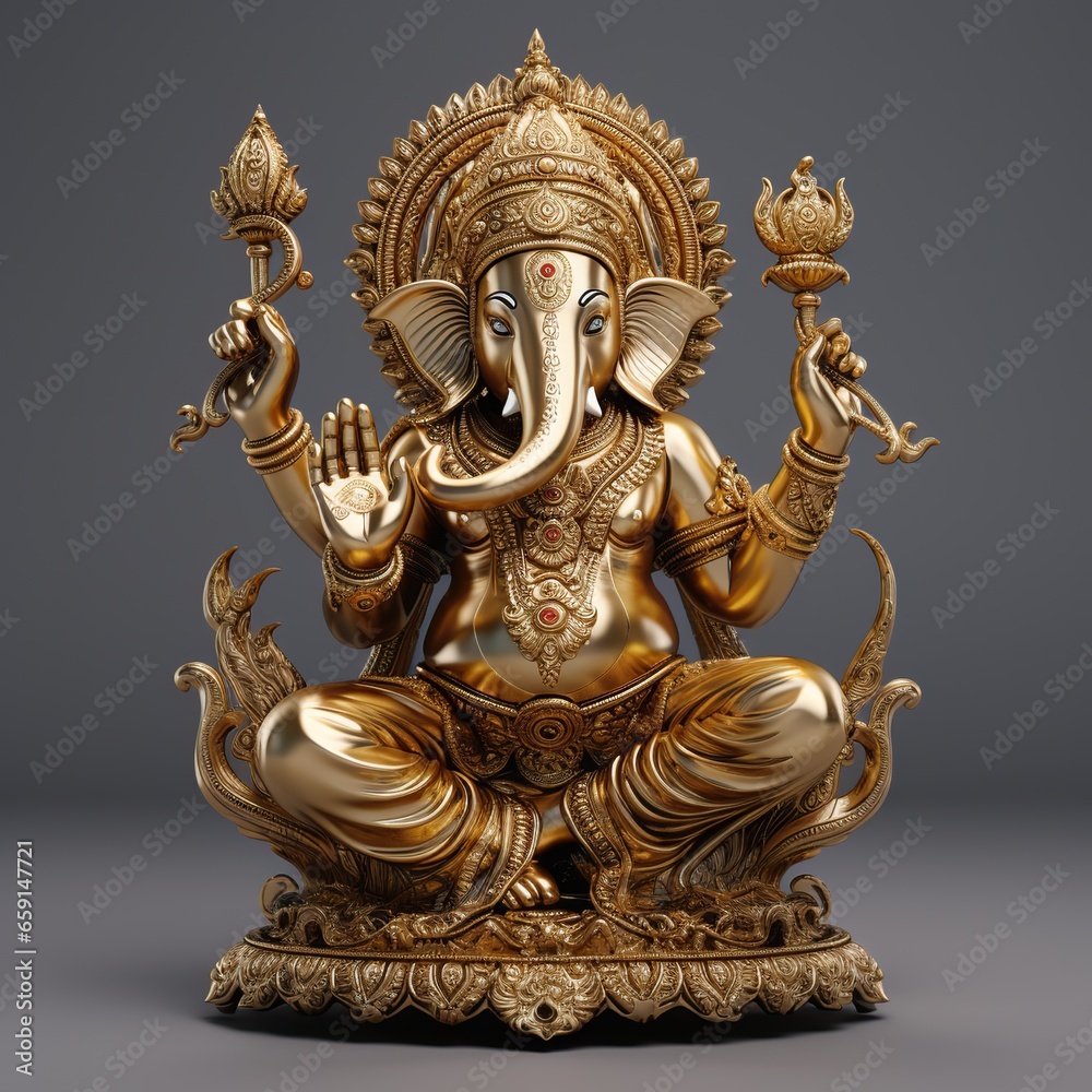 A golden statue of a ganesha on a gray background.