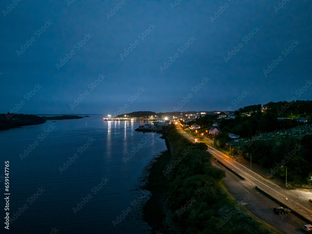 Aerial night view of Killybegs, the most important fishing harbour town in Ireland, County Donegal