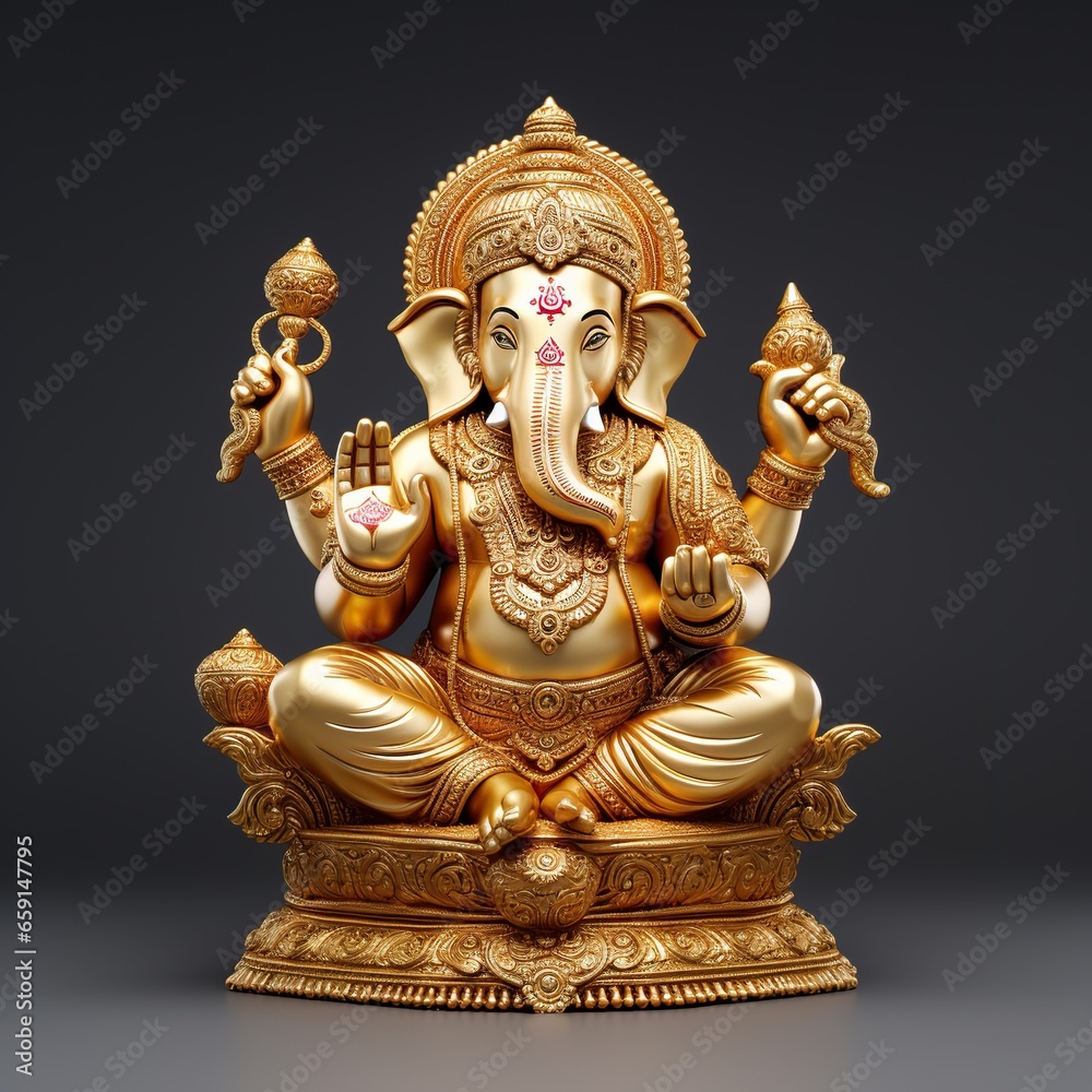 A golden statue of a ganesha on a gray background.