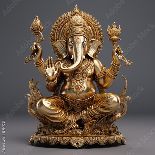 A golden statue of a ganesha on a gray background.