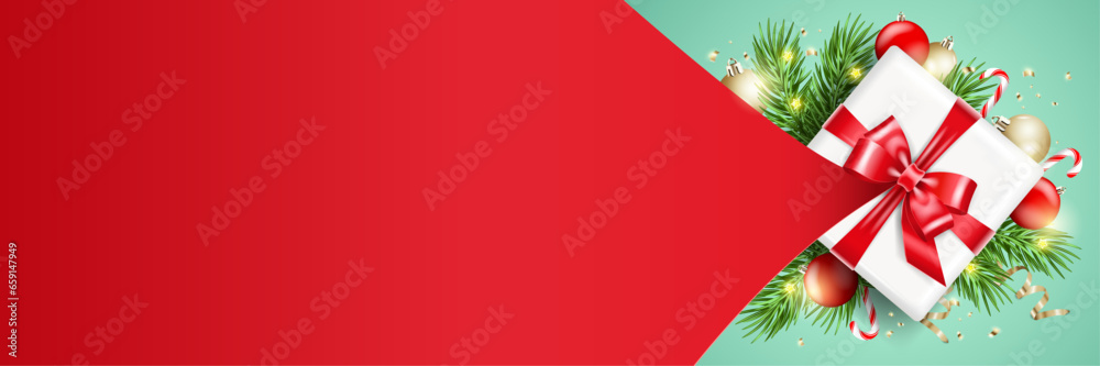 Realistic horizontal Christmas banner on green background with white box and red bow with ribbon stretched on invitation. Vector illustration.