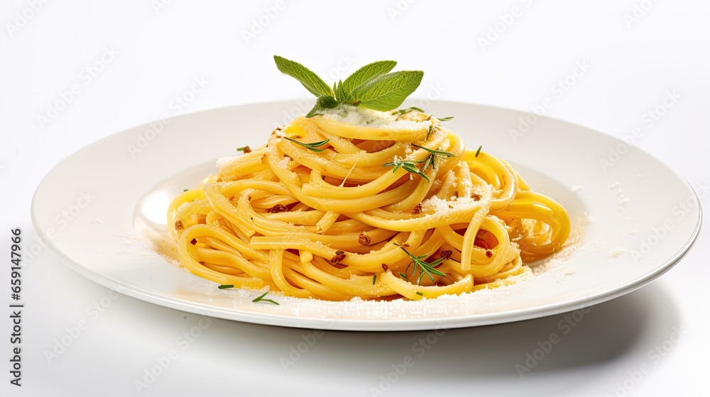 Delicious and Authentic Plate of Spaghetti on a Clean White Background Delicious and Authentic Plate of Spaghetti on a Clean White Background