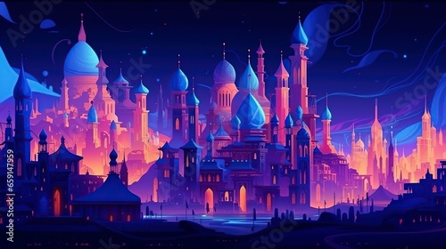 illustration cartoon, fairytale night city with towers and palace