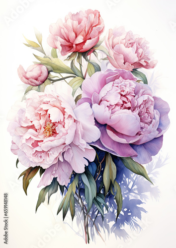 Generative AI  watercolor illustration of flowers  peonies  roses  pink color  plants  drawing  bouquet  background  postcard  space for text  white background  garden  bloom  spring  Valentine s day