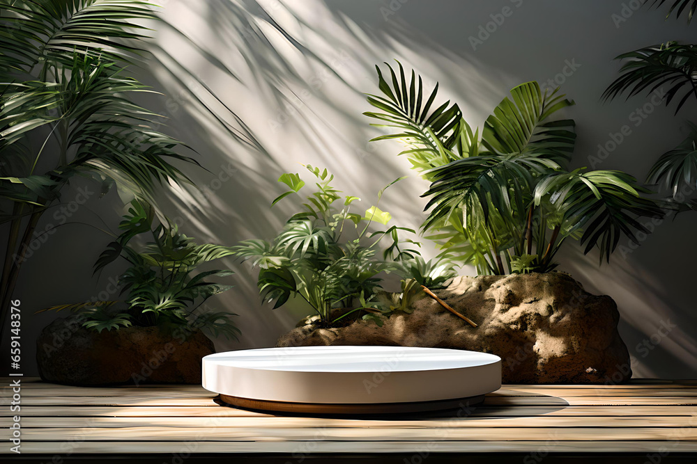 Pedestal on wooden base against wall with tropical plants, Image background for presentations product, Natural products advertising background