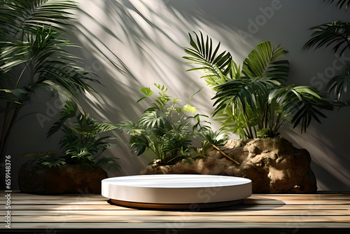 Pedestal on wooden base against wall with tropical plants, Image background for presentations product, Natural products advertising background © ins.dsign