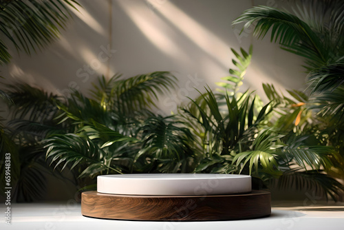 Pedestal on wooden base against wall with tropical plants, Image background for presentations product, Natural products advertising