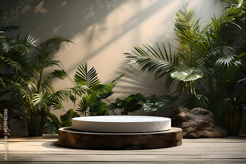 Pedestal on wooden base against wall with tropical plants, Image background for presentations product, Natural products advertising