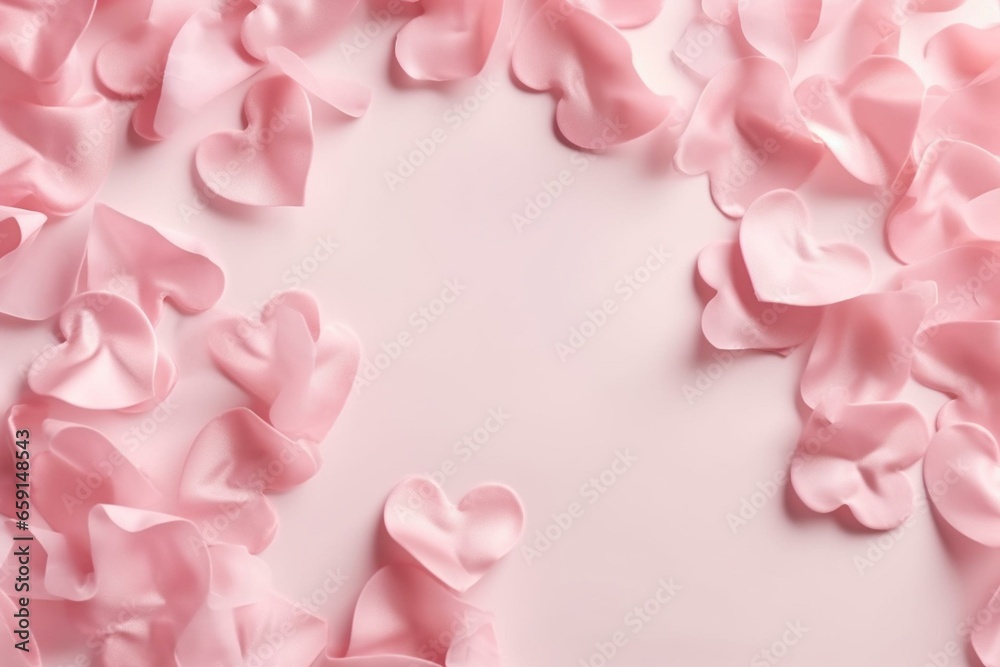 Valentine's day. Pink heart shape backdrop. Abstract holiday Valentine background with pink satin hearts. Love concept. Flat lay, top view. Generative AI