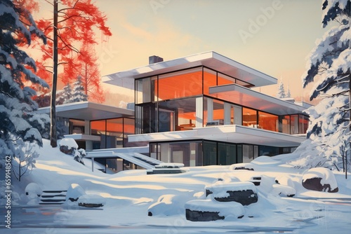 modern, exterior, landscape, bright, winter. Generative AI © Ursula