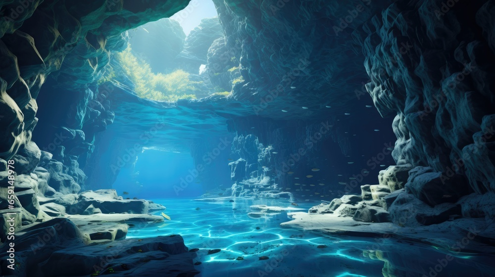 Underwater cave system with crystal-clear water, vibrant colors, and intricate rock formations. Explore the depths of this hidden world, filled with mystery and adventure. Stunning lighting and sharp