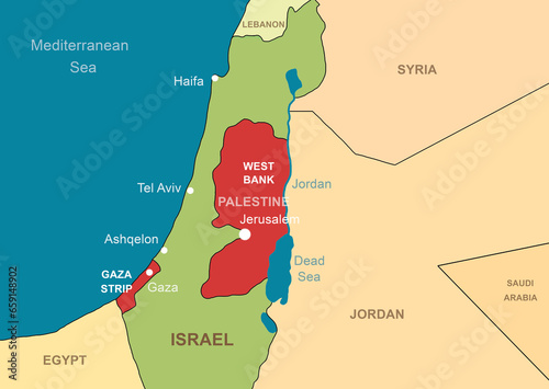 Israel and Palestine in Middle East on contour map. Gaza and West Bank