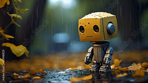 cartoon illustration, cute robot in the rain