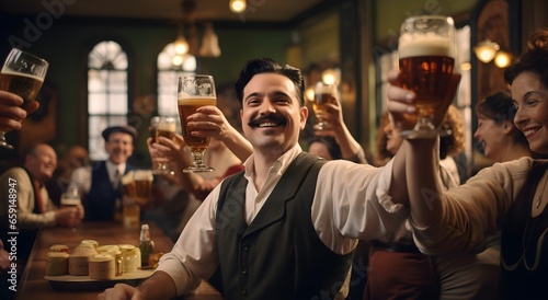 a man is holding a large glass of beer at a restaurants
