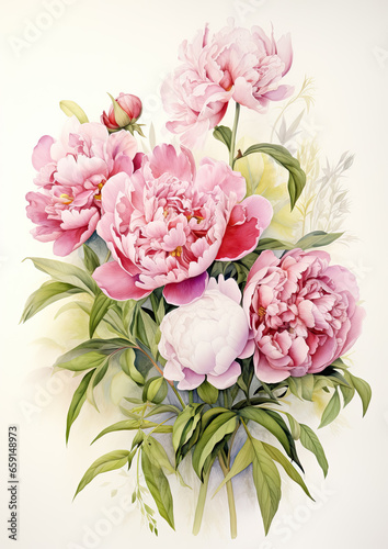 Generative AI, watercolor illustration of flowers, peonies, roses, pink color, plants, drawing, bouquet, background, postcard, space for text, white background, garden, bloom, spring, Valentine's day