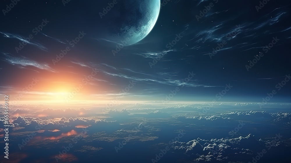 Space background with planet. Panoramic view above the planet and clouds.
