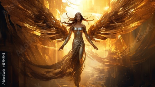 Guardian of the Sun, majestic golden girl goddess with outstretched wings © DZMITRY