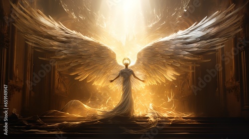 Guardian of the Sun, majestic golden girl goddess with outstretched wings photo
