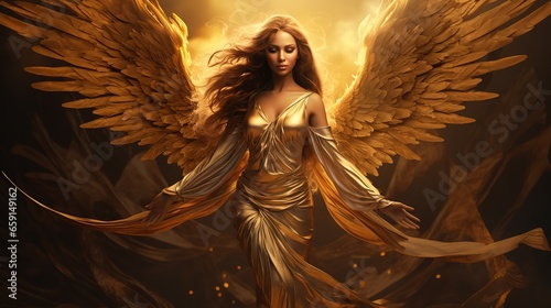 Guardian of the Sun, majestic golden girl goddess with outstretched wings