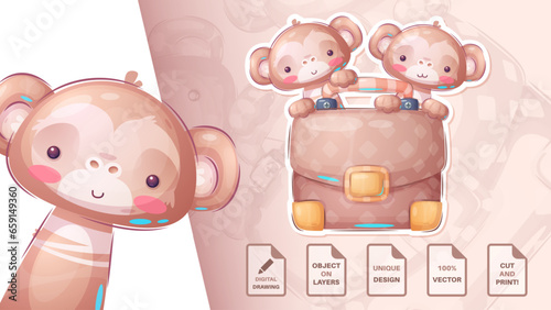Sticker cartoon character adorable monkey, pretty animal idea for print t-shirt, poster and kids envelope, postcard. Cute hand drawn style diplomat