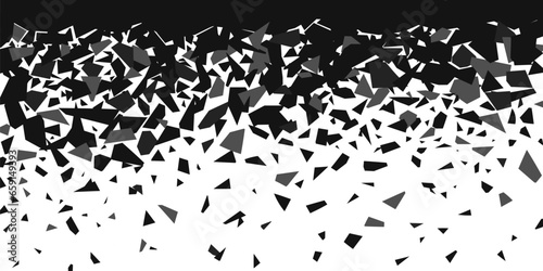 Black particles falling. Geometric minimal banner with shatter debris. Breaking plastic elements background. Flying broken glass racy vector poster