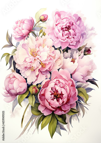 Generative AI  watercolor illustration of flowers  peonies  roses  pink color  plants  drawing  bouquet  background  postcard  space for text  white background  garden  bloom  spring  Valentine s day