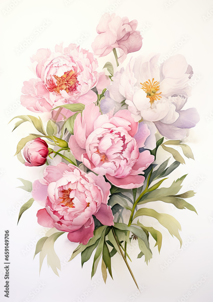 Generative AI, watercolor illustration of flowers, peonies, roses, pink color, plants, drawing, bouquet, background, postcard, space for text, white background, garden, bloom, spring, Valentine's day