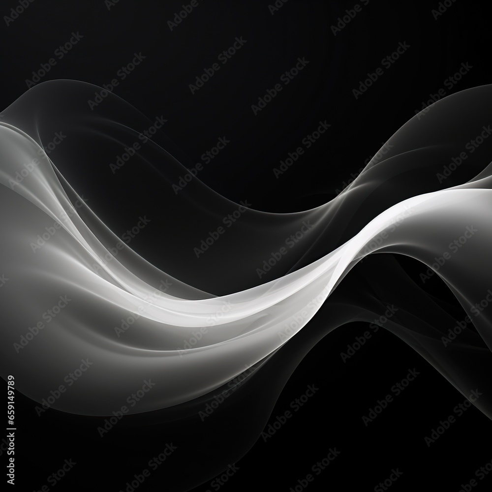 Elegant black and white background with waves. Smooth gradient, glow, neon. Banner design, place for text