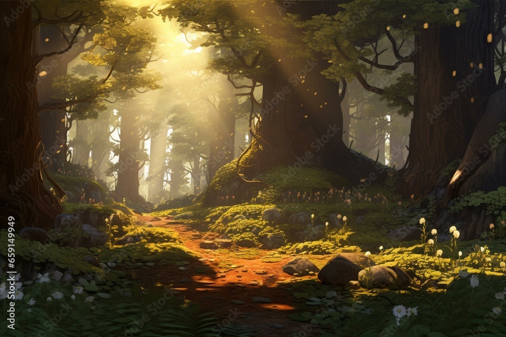 A sunlit forest with trees, leaves on the ground. Generative AI