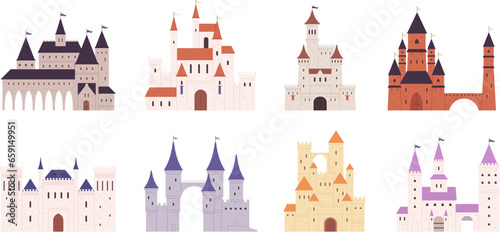 Cartoon fantasy castles exterior. Medieval castle and towers, stone fortresses. Fairytale architecture, gothic fortified buildings racy vector set