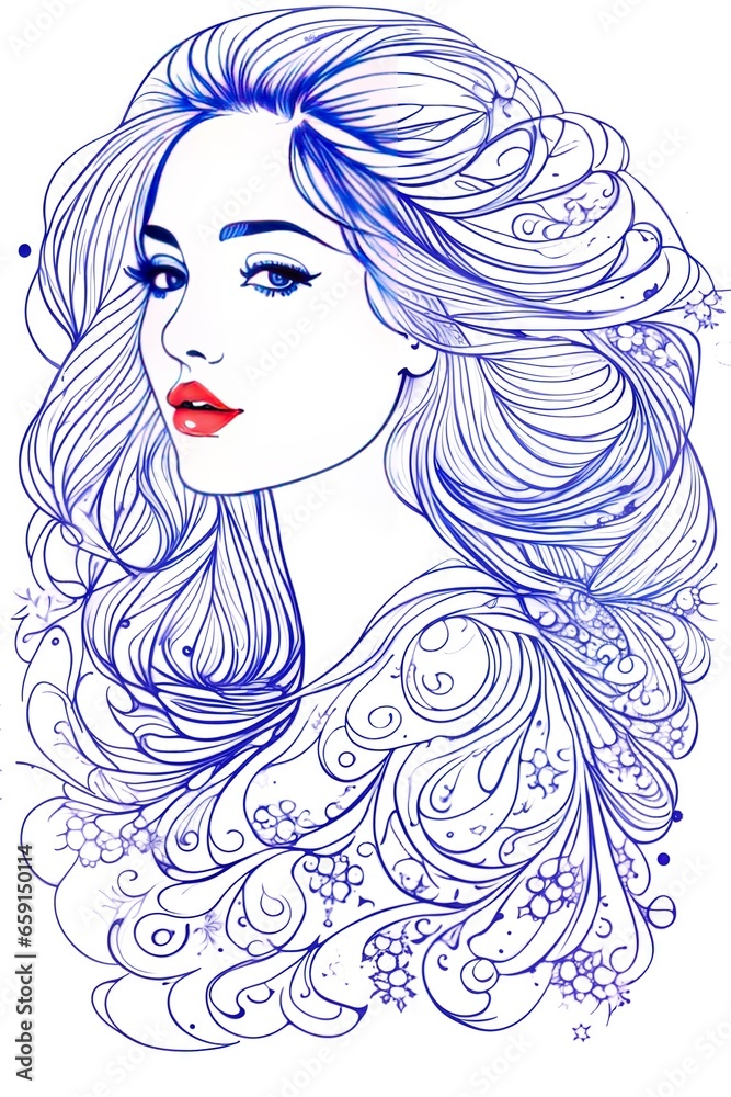 Sketch, line art a colorful portrait of a woman with long beautifully curled hair.