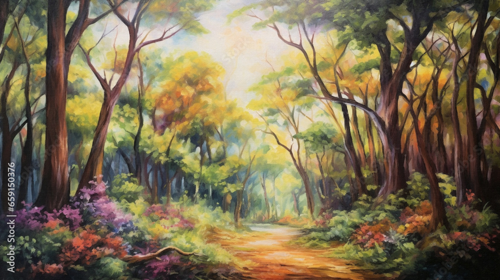 Oil painting of empty path in peaceful forest, impressionism, canvas texture. Beautiful artistic image for poster, wallpaper, art print. Oil painting of empty path in peaceful forest, impressionism, canvas texture. Beautiful artistic image for poster, wallpaper, art print.