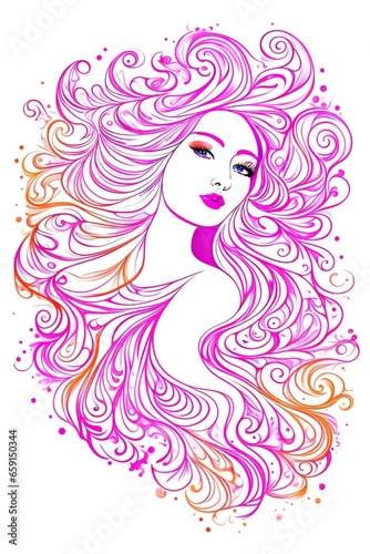 Sketch  line art a colorful portrait of a woman with long beautifully curled hair.