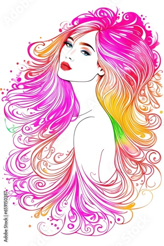 Sketch, line art a colorful portrait of a woman with long beautifully curled hair.