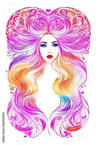 Sketch, line art a colorful portrait of a woman with long beautifully curled hair.