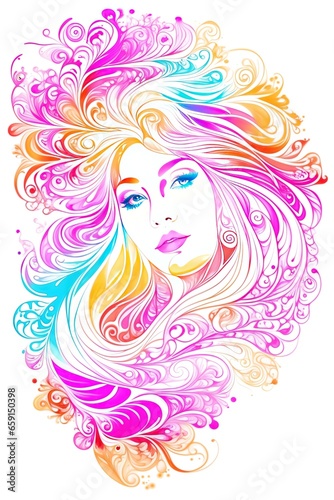 Sketch  line art a colorful portrait of a woman with long beautifully curled hair.