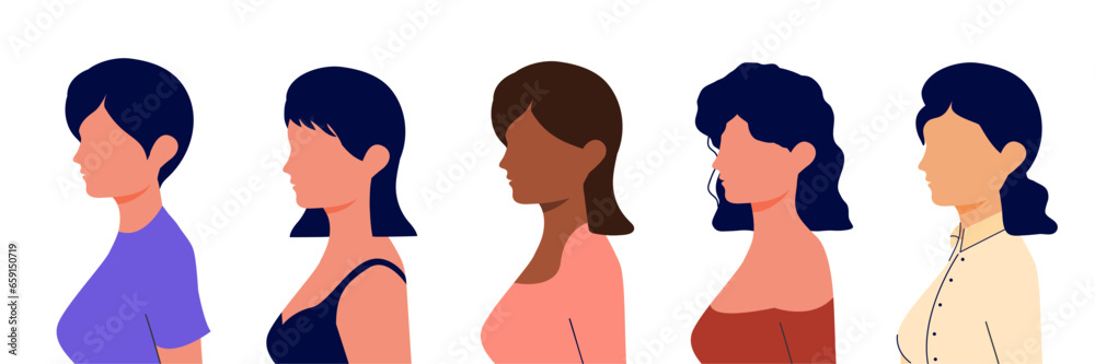 Set of girl in flat style. Vector illustration. Character. women. Power. Girls. Beauty and fashion. Care. Hairstyles. Isolated. White background. People. Women's Day. 